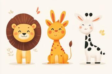 Naklejka premium Cute lion giraffe and giraffe illustration adorable animals cartoon safari wildlife