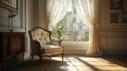 A classic lounge setup with a vintage armchair, delicate lace curtains framing a bay glass window, and a quiet view of a historic street, warm light illuminating polished wood floors,