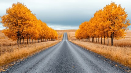 Fototapeta premium A winding gravel road lined with vibrant orange trees, set against a moody sky, creating a picturesque autumn landscape.