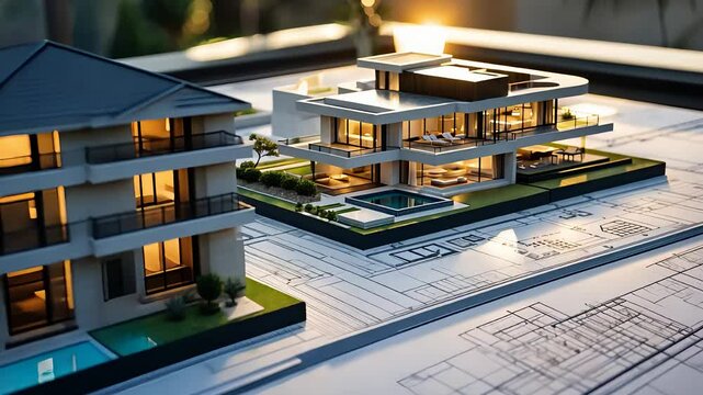Luxury Architectural Model Homes Placed on Detailed Blueprint with Modern Design, Pool, and Illuminated Interiors

