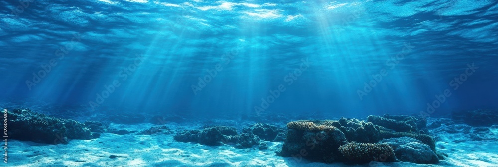 Poster underwater landscape showcasing vibrant marine life and sun rays illuminating the ocean floor in a s