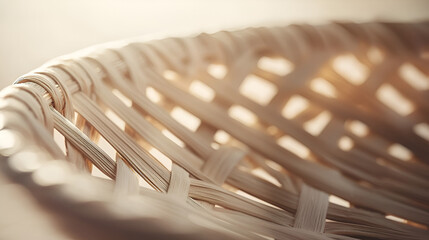 Close-up of a woven basket with detailed texture and warm light shining through the interwoven strands.