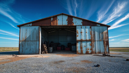 Fototapeta premium A large metal storage shed or garage with an open garage door, set on a gravel or dirt surface against a clear blue sky