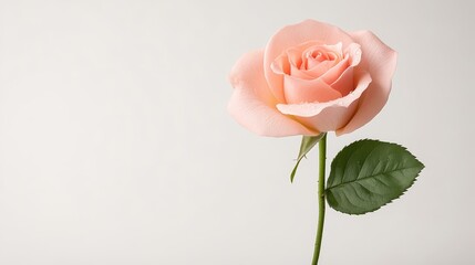 Delicate Pink Rose with Green Leaf on Soft Neutral Background
