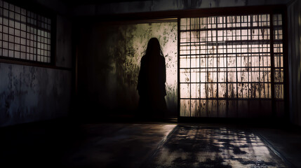 女性のシルエットが浮かび上がる、日本家屋の室内