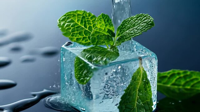 Refreshing ice cube with mint leaves and sparkling droplets on a reflective surface, Ice cube with mint leaves and water droplets on reflective surface