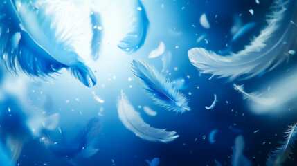青い背景へ白と青の鳥の羽が舞う背景素材
