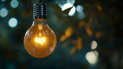 Vintage light bulb glowing softly, suspended outdoors with warm radiance against shadowy evening landscape, embodying nostalgic illumination