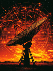 Digital Communication: A large, futuristic satellite dish, illuminated by an intense orange glow and overlaid with intricate digital data streams, symbolizing advanced communication.