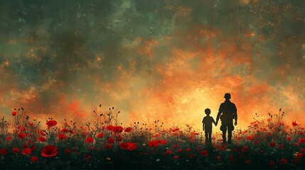 Fototapeta premium An American soldier shadow holding hands with a kid in the background, surrounded by Red poppy flower, creating a memorial day card with the words of remembrance.