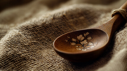 Rustic Wooden Spoon with Floral Design on Burlap Fabric, showcasing artisanal craftsmanship in warm tones.