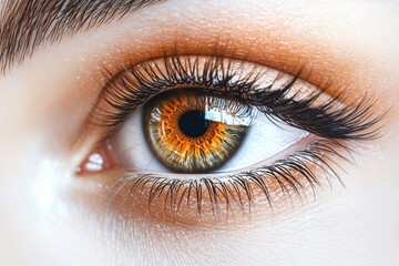 Obraz premium Stunning close-up of a hazel eye with long dark lashes and peachy eyeshadow,