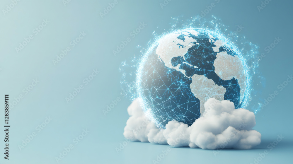 Fototapete global network and internet concept with planet earth emerging from white clouds and digital lines