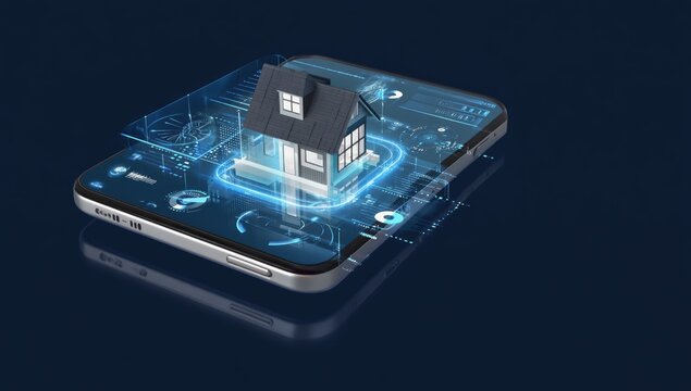 Smart home app on phone, design and planning, futuristic concept, digital interface, possible use showcasing smart home technologies