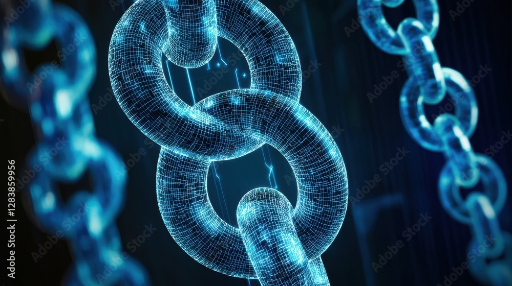 Poster digital chain links representing data security and blockchain technology with abstract background fo