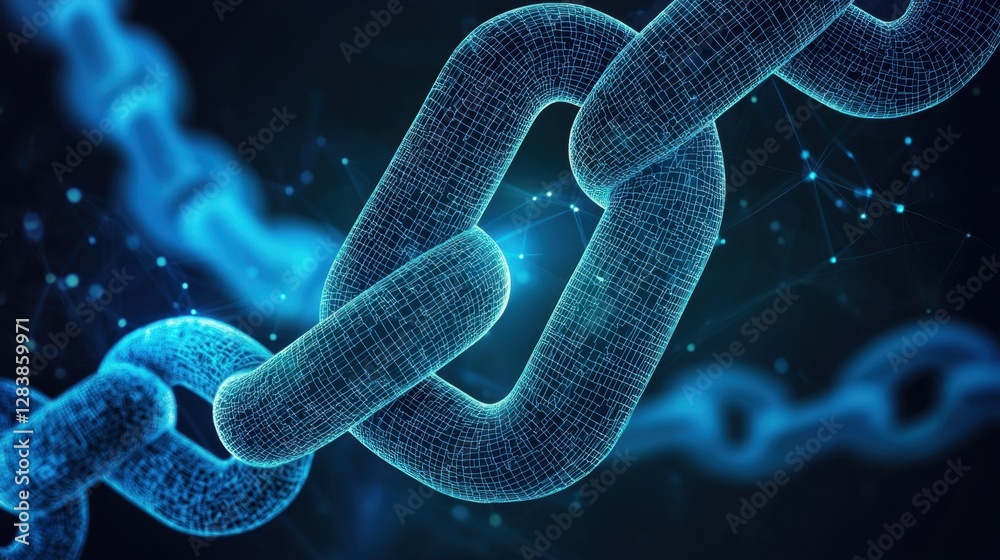 Poster digital representation of interconnected links symbolizing data security, blockchain technology, and