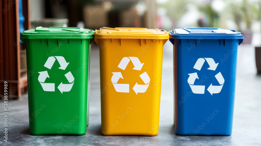 Poster colorful recycling bins displaying universal symbol, highlighting waste sorting efforts and supporti