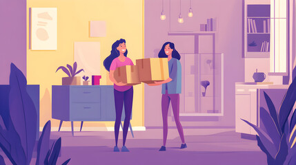 helping her friend move into a new apartment, carrying boxes and smiling 
