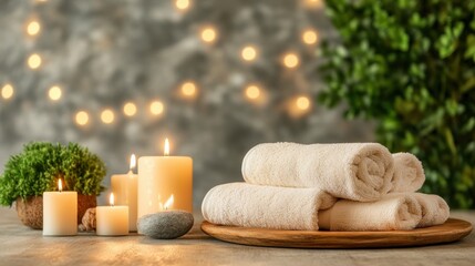 Wooden tray with towels and candles in a relaxing spa room with soft lighting and tranquil ambiance