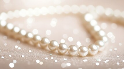Elegant Close-Up of Shimmering Pearl Necklace on Glittery Surface