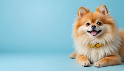 Fluffy Pomeranian Dog Lying Down with Yellow Collar on Light Blue Background for Pet Supplies