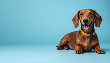 Smooth Brown Dachshund Dog Lying Down with Orange Collar on Light Blue Background for Pet Supplies

