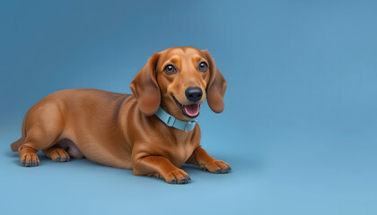 Smooth Reddish-Brown Dachshund Dog Lying Down with Light Blue Collar on Light Blue Background for Pet Supplies
