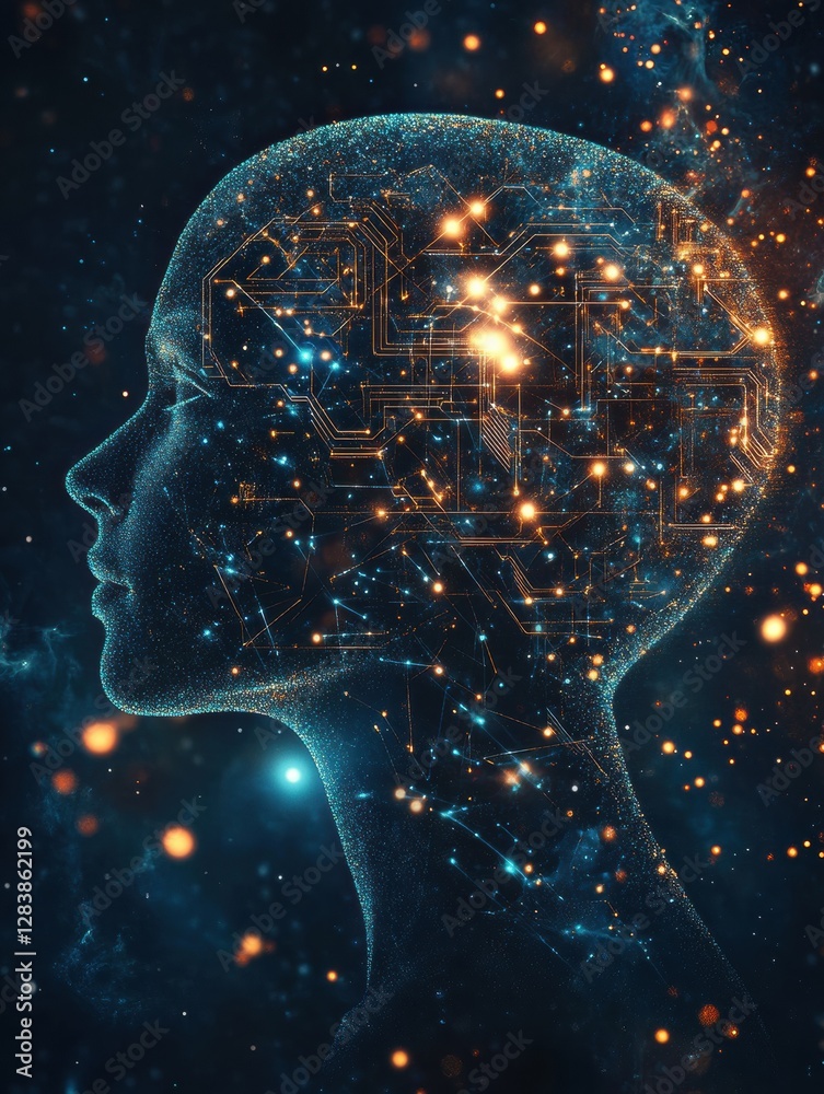 Aufkleber Silhouette of a human head with glowing quantum circuits and advanced computing elements inside. Generative AI