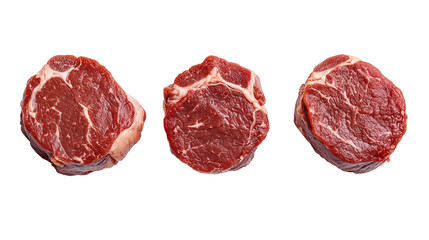 Three pieces of raw meat isolated on a transparent  background, top view. Photorealistic photo shoot. High resolution. Highly detailed textures. High quality