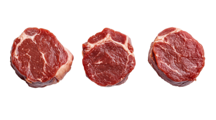 Three pieces of raw meat isolated on a transparent  background, top view. Photorealistic photo shoot. High resolution. Highly detailed textures. High quality