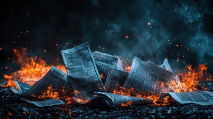 Flames Engulfing Newspapers in a Dark Environment, Creating an Intense Scene of Destruction and Chaos with Smoke and Fire Effects