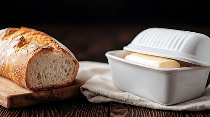 Freshly baked bread loaf beside a butter dish on a wooden table with a dark background