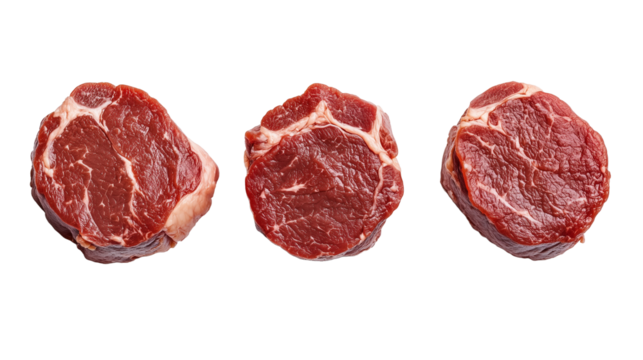 Three pieces of raw meat isolated on a transparent  background, top view. Photorealistic photo shoot. High resolution. Highly detailed textures. High quality