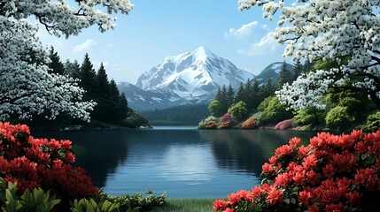 Serene Springtime Lake and Mountain Vista: A Digital Landscape Painting AI Generated