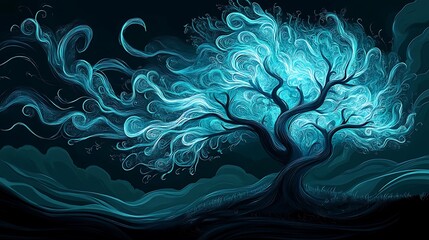 Obraz premium Glowing Blue Tree Digital Painting: Mystical Night Scene AI Generated