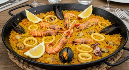 Authentic spanish paella loaded with fresh seafood and saffron rice