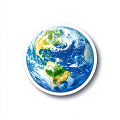 Earth Planet Sticker with Vibrant Blue Oceans, Green Landmasses, and White Cloud Formations on a Clean White Background