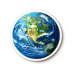 Earth Planet Sticker with Blue Oceans, Green Continents, and a White Border on a Clean Background