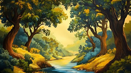 Fototapeta premium Serene River Scene: Digital Painting of a Summer Forest Path AI Generated