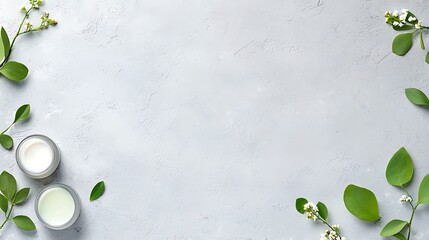 Natural skincare products with green leaves and white flowers on a grey background for wellness and beauty themes