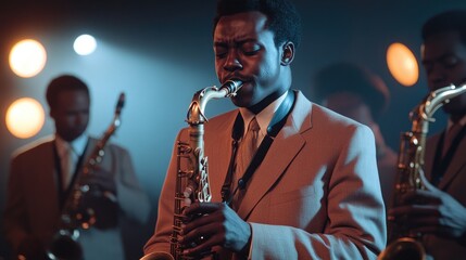 Saxophonist performs jazz onstage, bandmates blurred background, music concert