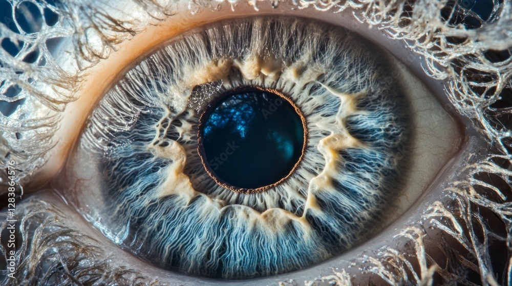 Poster This captivating close-up reveals the stunning intricacies of a human eye, focusing on the vibrant colors and delicate textures that compose its structure, while reflections hint at a deeper world