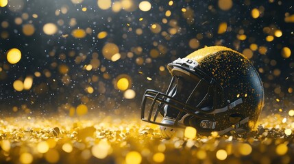 Gold confetti surrounds a black and gold football helmet in low light.