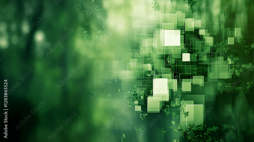 Poster digital green pixels blending organic textures, symbolizing technological harmony with natural ecosy