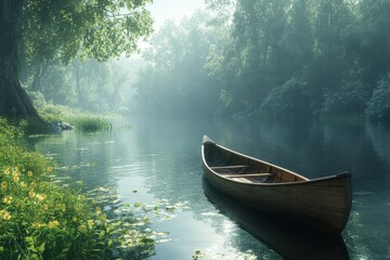 Wooden Canoe on Serene Forest River Mist Morning