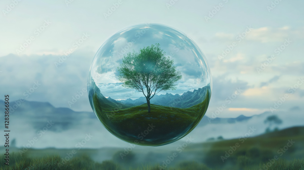 Poster crystal ball reflecting serene landscape with solitary tree, mirroring environmental vulnerability a