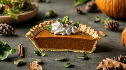 Slice of pumpkin pie topped with whipped cream on a plate for thanksgiving dessert celebration