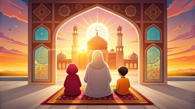 Ramadan life. A family praying together at sunrise in a beautifully decorated mosque. Muslim, islam cartoon