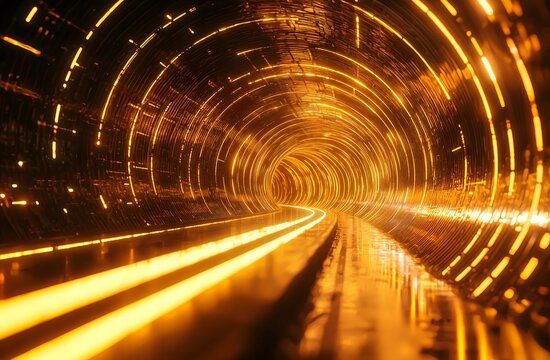 Futuristic tunnel with golden neon lights - Powered by Adobe