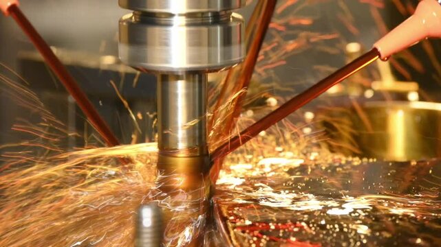 The pan scene CNC milling machine rough cutting the mold parts with oil coolant method.
